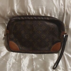Louis Vuitton Brown Monogram Clutch with Tan Leather Trim